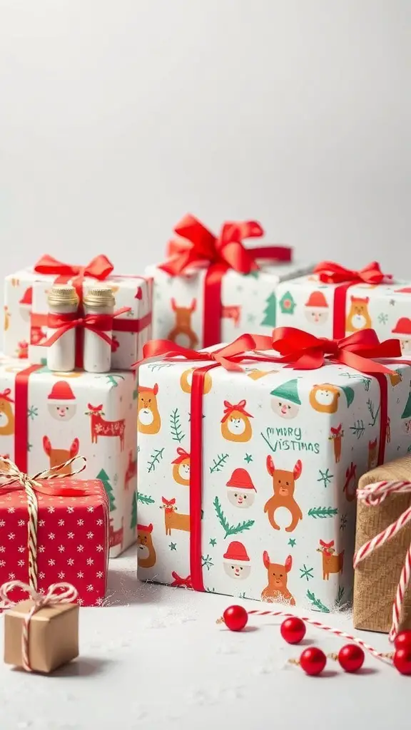 Colorful Christmas gift wrapping featuring furry characters and festive designs.