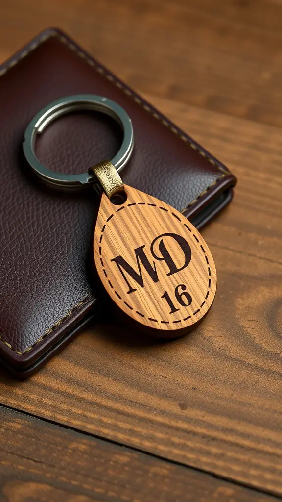 23+ Thoughtful Homemade Gift Ideas for Your Boyfriend 3 A customized wooden keychain with initials and a number, placed on a leather wallet.
