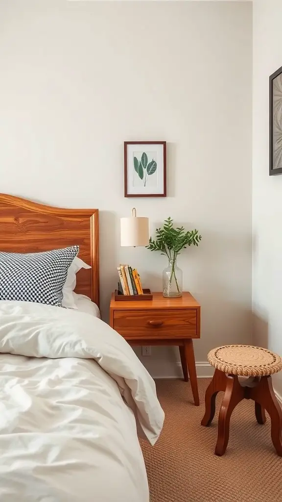 25+ Adorable Small Bedroom Ideas for a Cozy Retreat 13 A cozy bedroom featuring a wooden bed, a stylish bedside table, and a small stool.