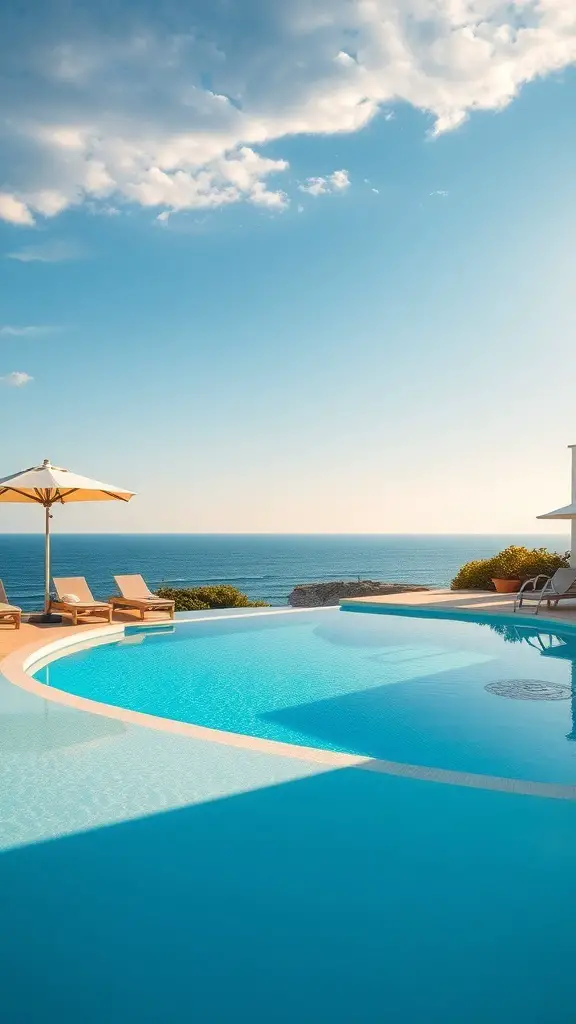 25+ Stunning Spanish Beach House Designs You’ll Love 4 A beautiful poolside view with lounge chairs and umbrellas overlooking the ocean.
