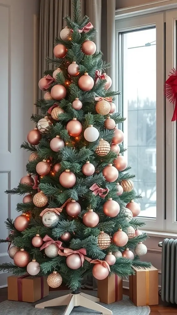 A beautifully decorated Christmas tree with pink and champagne ornaments, featuring metallic accents and a cozy indoor setting.