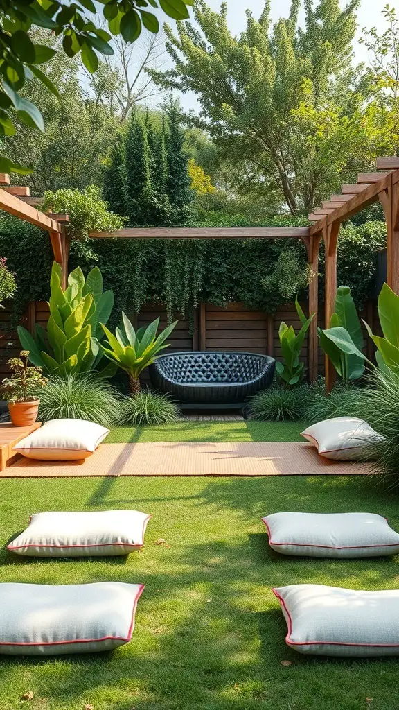A serene garden space with cushions and a cozy seating area surrounded by lush greenery.
