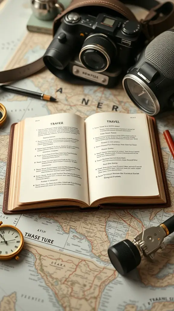 21+ Thoughtful Anniversary Gifts for Parents Celebrating 14 A travel book open on a map with cameras and travel gear around it.