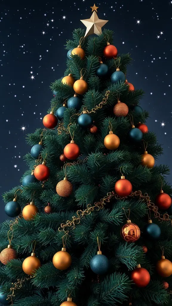 A beautifully decorated Christmas tree with copper and navy blue ornaments against a starry night background.