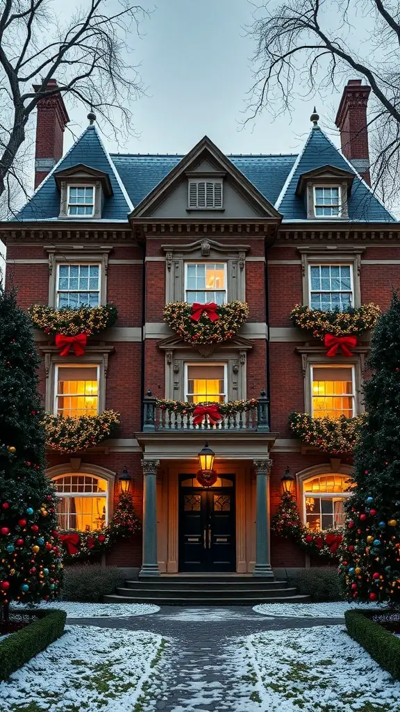 Historic mansion decorated for Christmas with wreaths and bows, surrounded by snow.