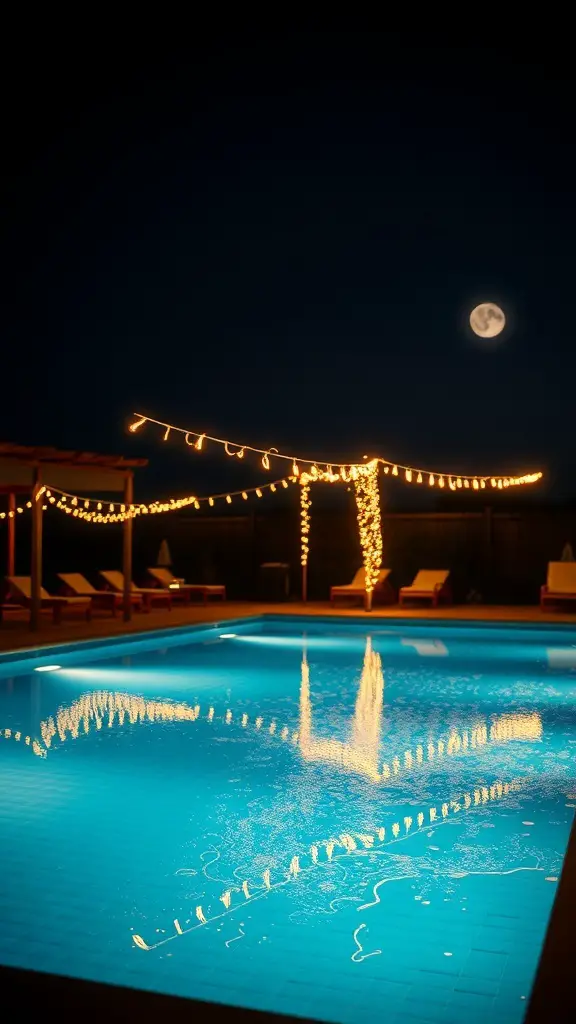 23+ Stunning Tuscan Pool Designs for Your Dream Backyard 16 A beautifully lit pool at night with string lights and a full moon