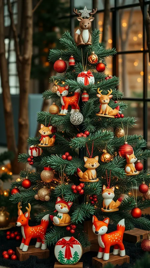 A beautifully decorated Christmas tree with woodland animal ornaments, including deer and foxes, surrounded by festive decorations.