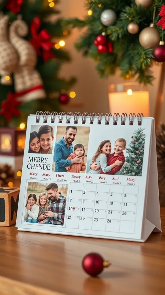 23 Affordable DIY Christmas Gifts for Everyone on Your List 11 A DIY photo calendar featuring family pictures, decorated for Christmas.