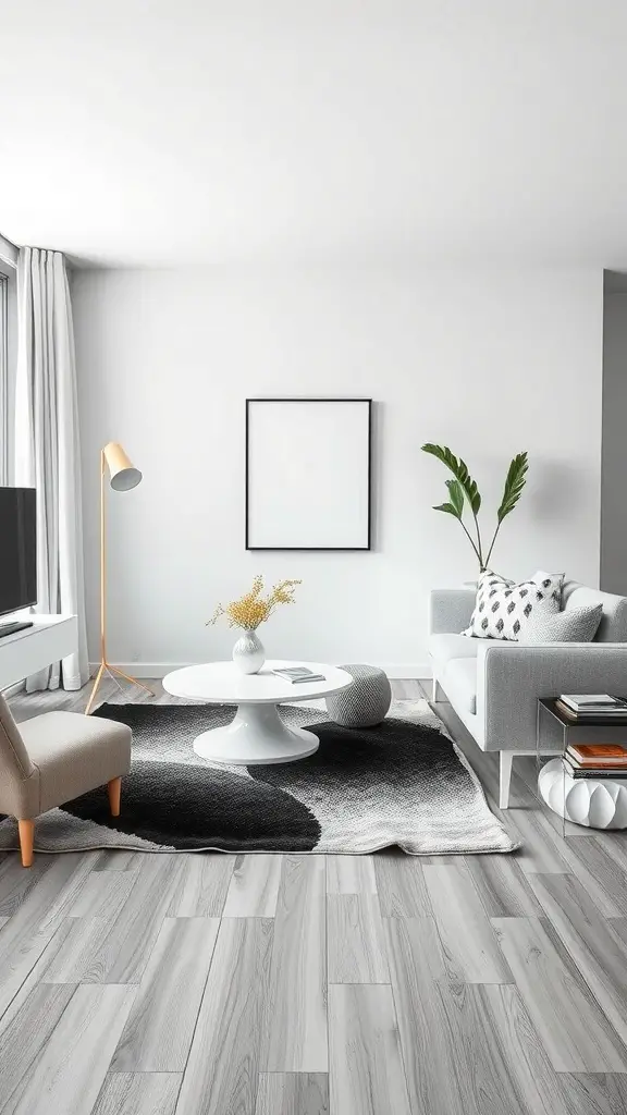 29+ Stylish Living Room Area Rug Ideas to Transform Your Space 11 A modern living room with a black and white monochromatic rug, light furniture, and a coffee table.