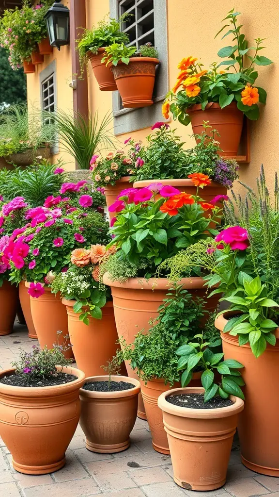 29+ Stunning Tuscan Patio Ideas for Your Outdoor Oasis 5 Colorful terracotta pots filled with flowers on a Tuscan patio