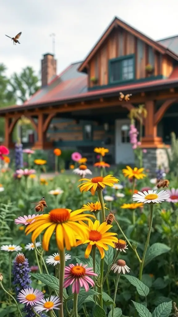 A rustic house with a vibrant wildflower garden in front, featuring colorful flowers and bees.