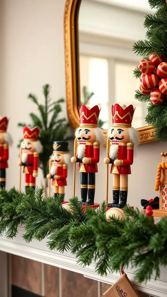 A row of colorful nutcracker figurines displayed on a mantel with greenery.