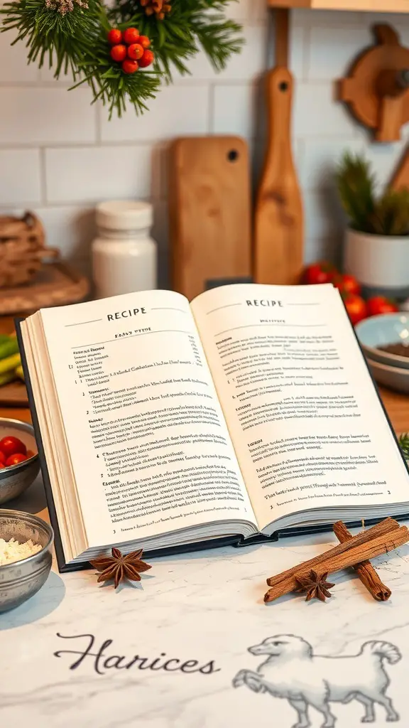 An open recipe book on a kitchen counter surrounded by ingredients and decorations.