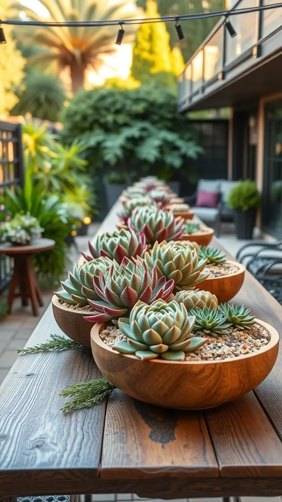 29+ Creative Succulent Pot Ideas You’ll Love 13 A long wooden table with multiple bowls of succulents in an outdoor setting.