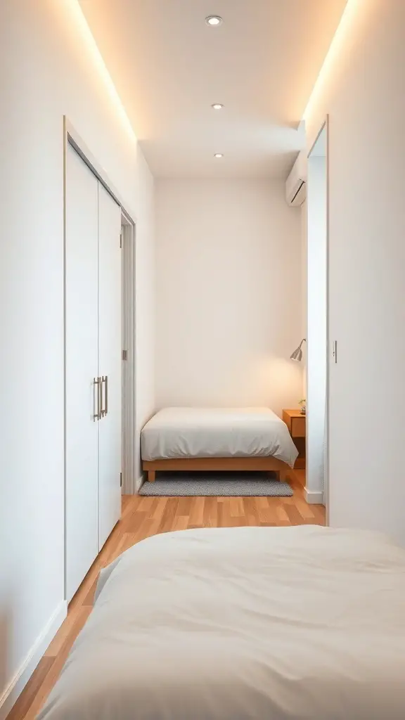 27+ Creative Long and Narrow Bedroom Ideas for Maximizing Space 12 A long and narrow bedroom featuring sliding doors and minimalistic decor.