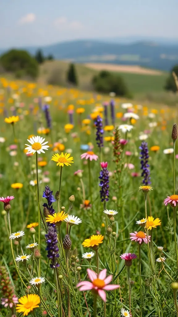 29+ Inspiring Tuscan Landscape Design Ideas You’ll Love 14 A vibrant field of wildflowers in Tuscany during spring, featuring daisies, purple flowers, and a lush green landscape.