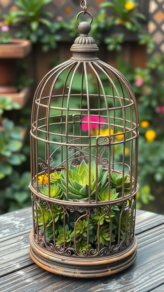A decorative birdcage planter filled with various succulents, showcasing a unique and charming display.