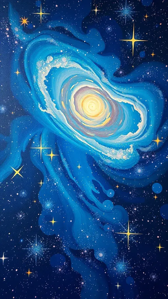 29+ Inspiring Acrylic Painting Ideas to Spark Your Creativity 15 Acrylic painting of a swirling galaxy with stars in a deep blue night sky.