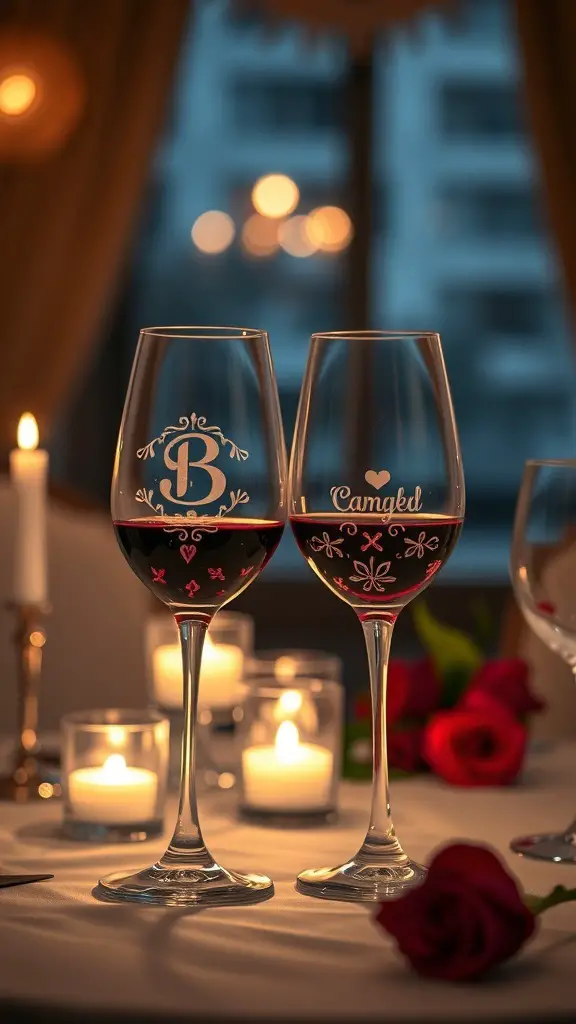 Two engraved wine glasses on a romantic table setting with candles and roses.