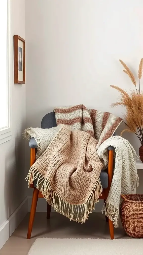 A cozy chair with textured throws in warm tones, perfect for holiday decor.