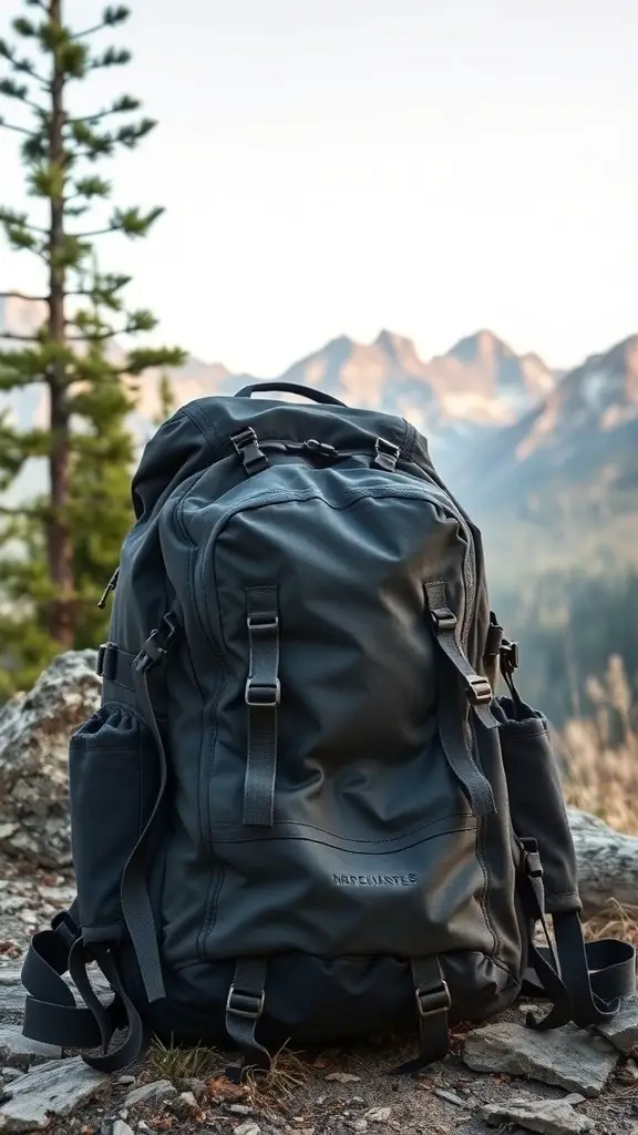 A black outdoor backpack with multiple compartments, set against a mountain backdrop.