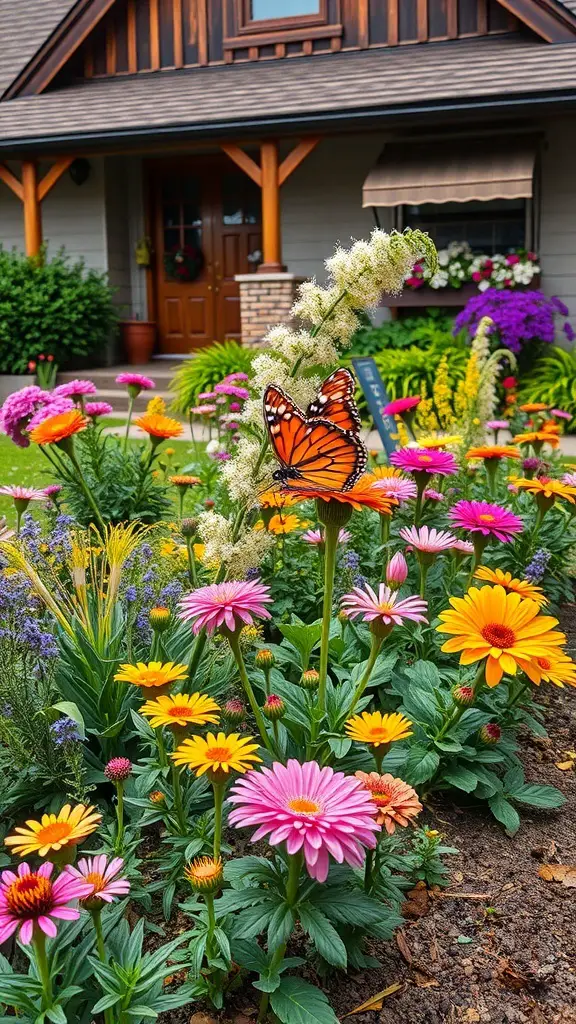 A colorful flower bed with a butterfly resting on a flower in front of a house