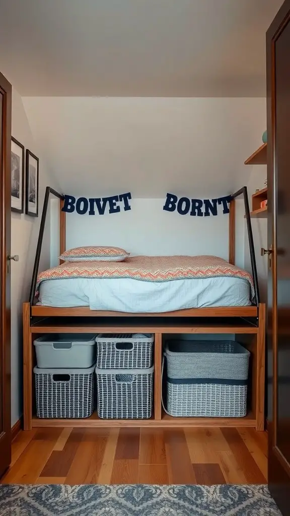 35+ Cozy Tiny Bedroom Ideas for Couples: Maximize Your Space Together 8 A cozy bedroom with an elevated bed and organized under-bed storage baskets.