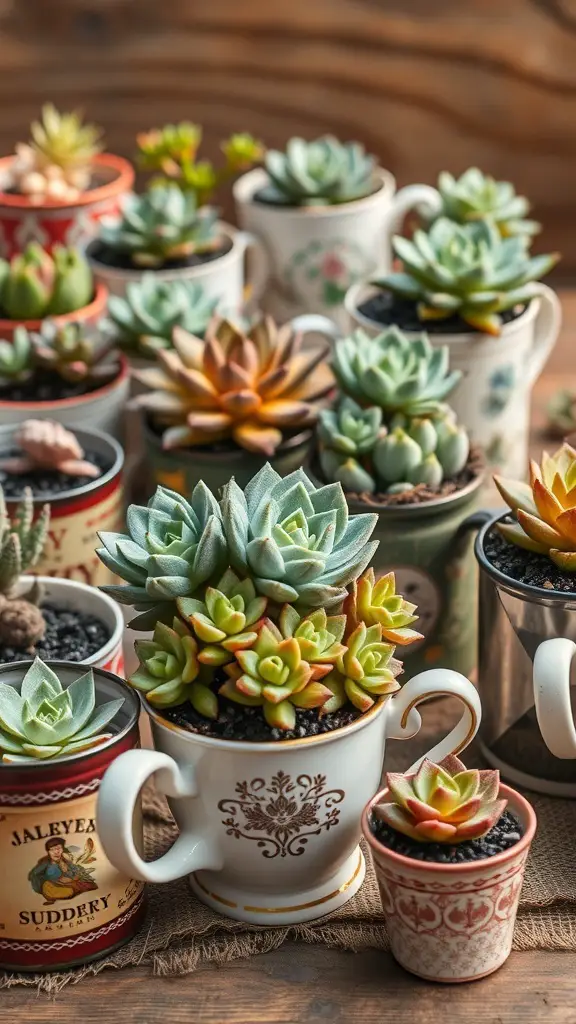 29+ Creative Succulent Pot Ideas You’ll Love 9 A collection of succulents planted in various repurposed containers like teacups and tins.