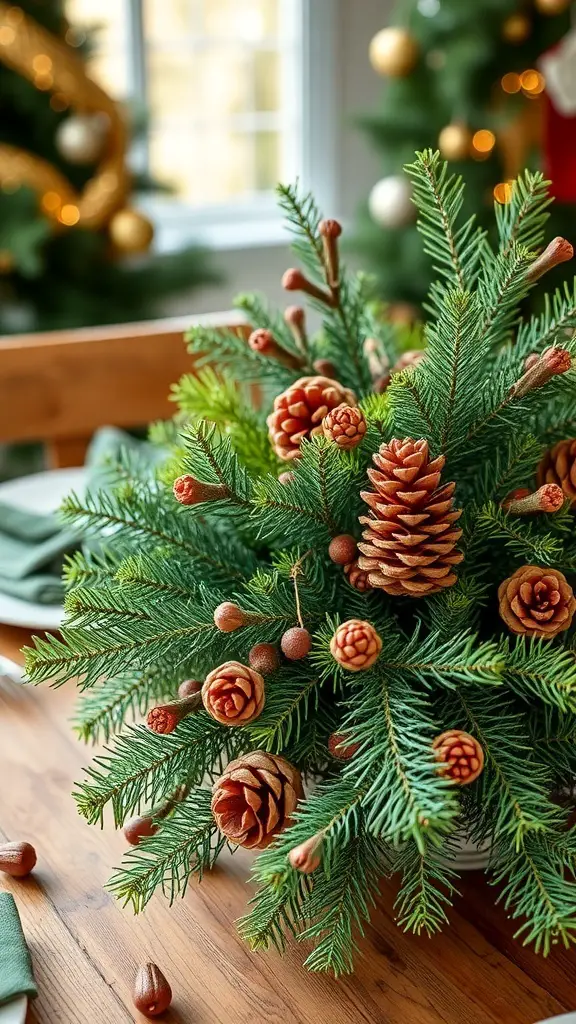 A festive table arrangement featuring pine and cedar branches with pinecones.