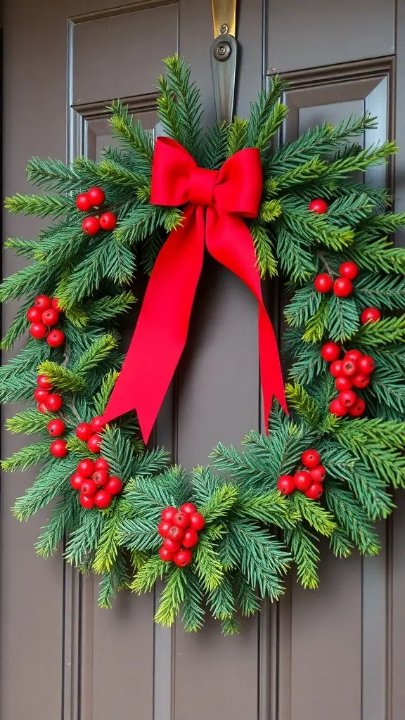 A Christmas wreath with red berries and a red bow on a brown door.