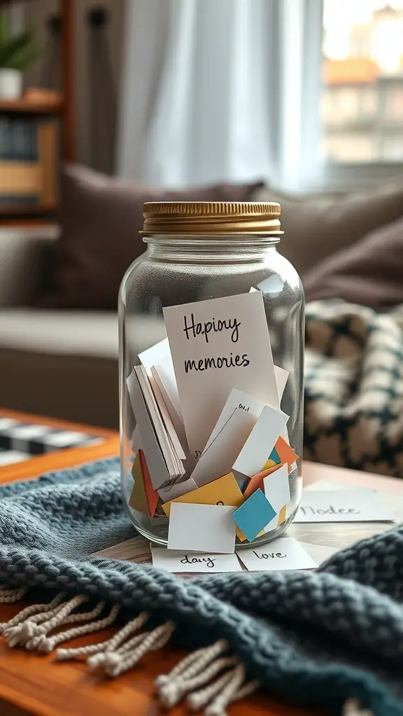 31+ Thoughtful Anniversary Gift Ideas for Every Couple 11 A memory jar filled with colorful notes labeled 'Happy Memories' in a cozy living room setting.