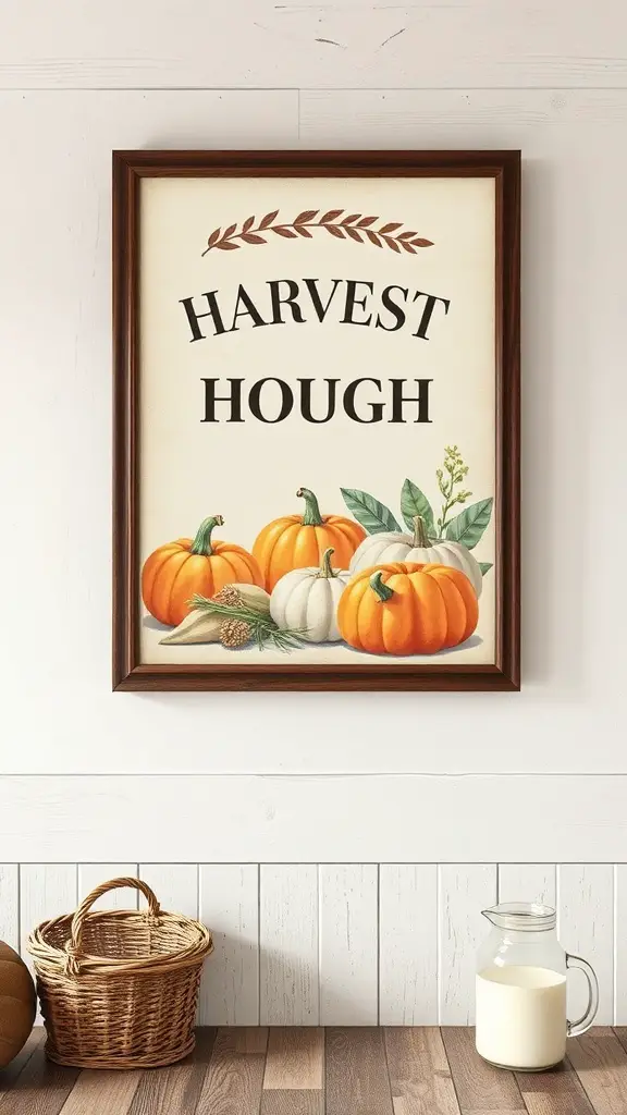 Framed harvest-themed wall art featuring pumpkins and the text 'HARVEST HOUGH'.