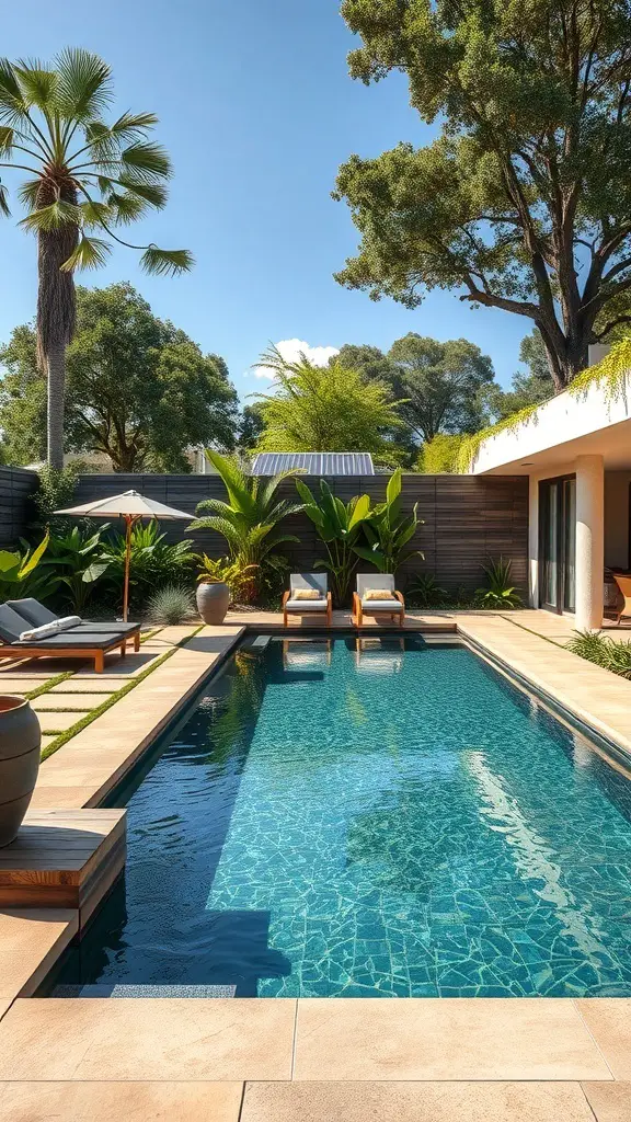Eco-friendly private pool surrounded by lush greenery and solar panels