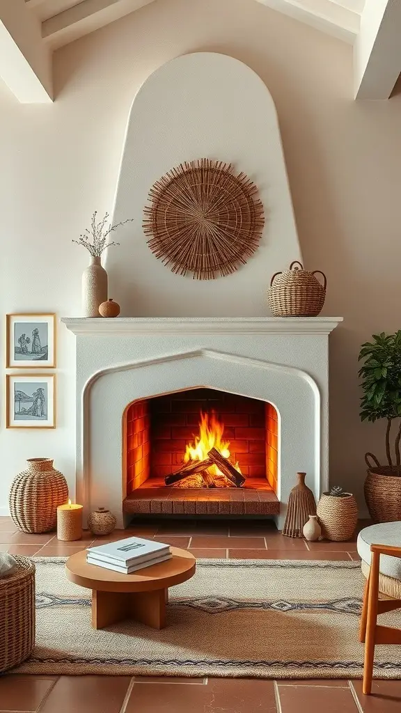 25+ Stunning Spanish Beach House Designs You’ll Love 16 A cozy fireplace in a Spanish beach house, featuring a warm glow, decorative elements, and a welcoming atmosphere.