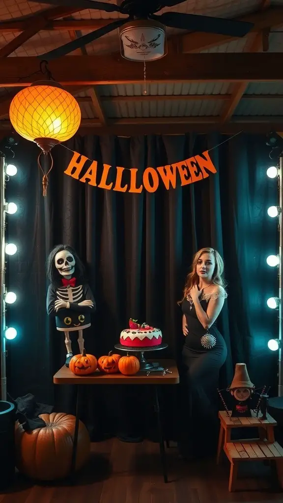 A Halloween-themed setup featuring a woman in a black dress, pumpkins, a skeleton prop, and a cake, with warm lighting.