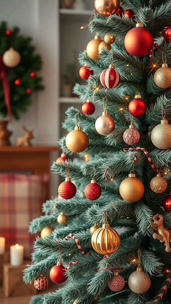 A beautifully decorated sage green Christmas tree with vintage ornaments in red and gold.