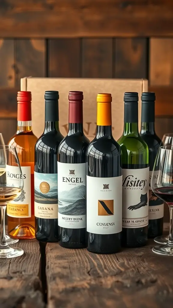 27+ Unique Wedding Gifts for Every Couple 7 A selection of wine bottles arranged on a wooden table with wine glasses.