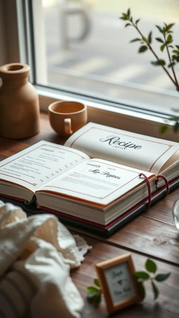 A customized recipe book open on a wooden table with a cup and a plant nearby.