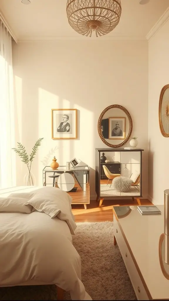 A cozy small bedroom featuring mirrored accents, soft bedding, and natural light.