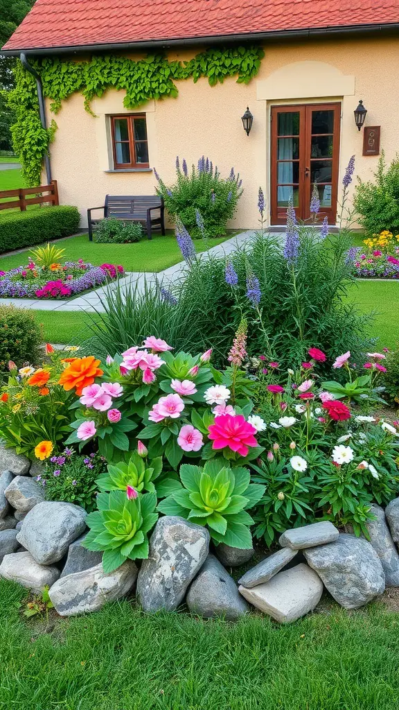 A colorful flower bed bordered by stones in front of a house