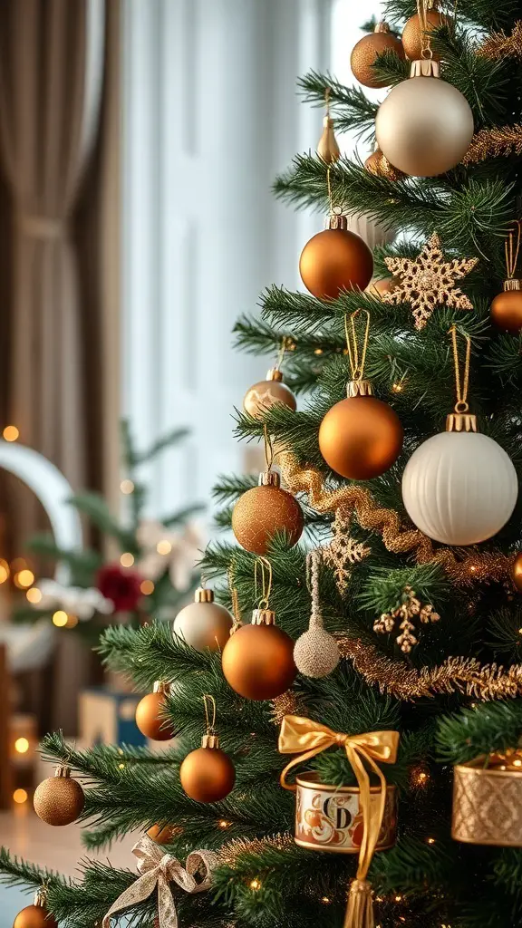 A beautifully decorated Christmas tree featuring brown and white ornaments, with warm lighting.
