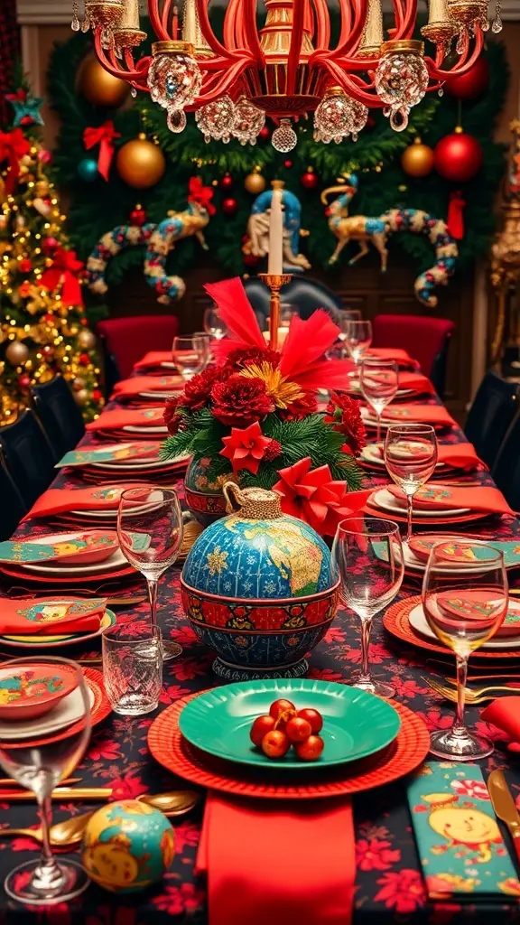 A vibrant Christmas table setting with colorful plates, glasses, and a festive centerpiece.