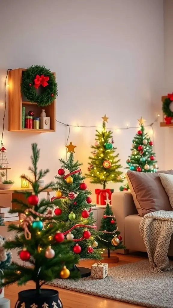 A cozy living room decorated with miniature Christmas trees, colorful ornaments, and a festive wreath.