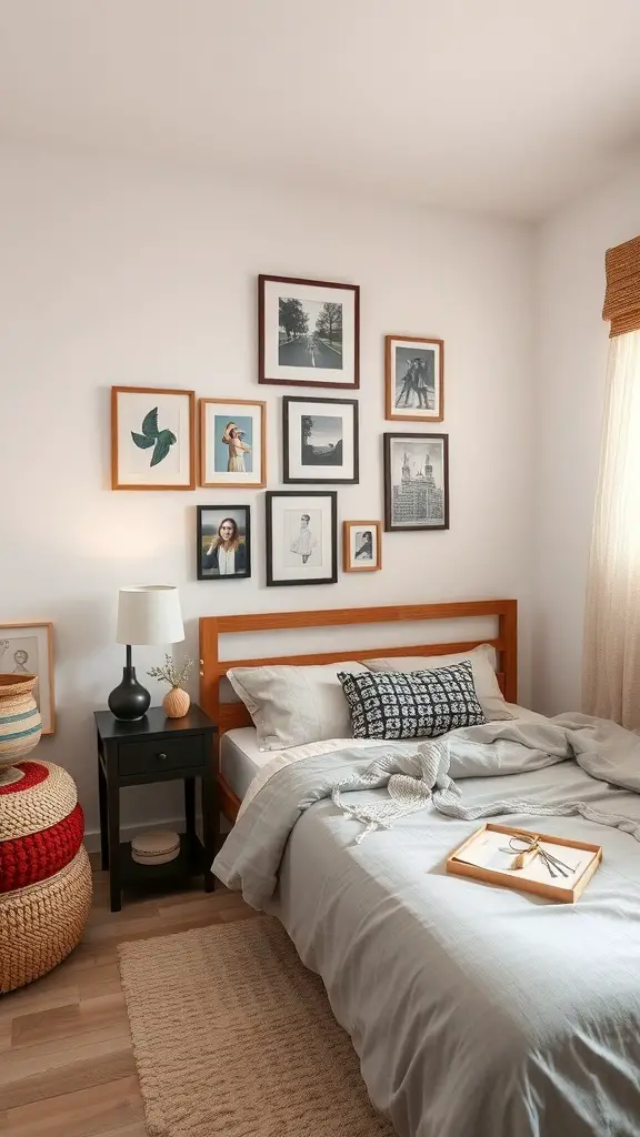 27+ Charming Small Master Room Ideas for Cozy Living 11 A small master room featuring a bed, nightstand, and a wall adorned with various framed artworks.
