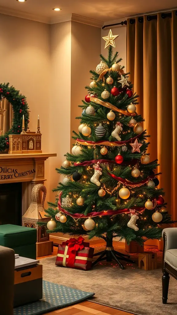 A beautifully decorated dark green Christmas tree with ornaments and lights in a cozy living room setting.