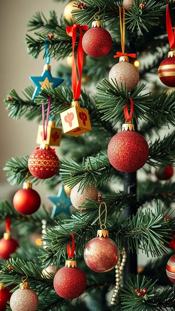 A Christmas tree decorated with colorful ornaments, including red and gold baubles and a blue star.