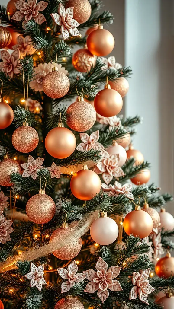 A Christmas tree decorated with copper ornaments and blush pink flowers.