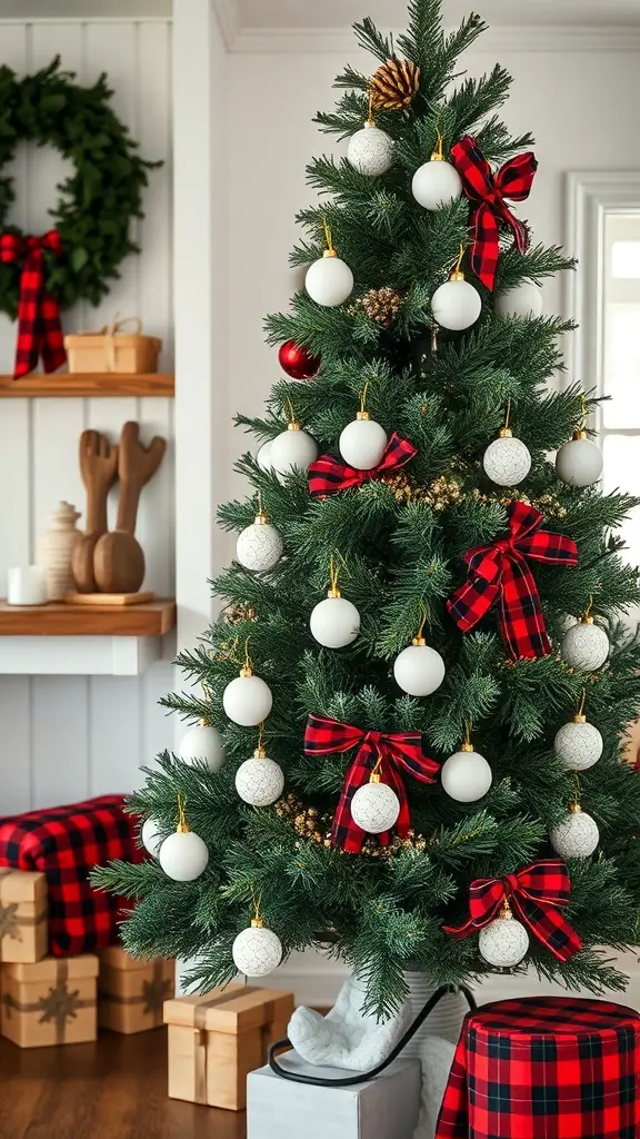 A rustic Christmas tree decorated with white ornaments and red plaid ribbons, surrounded by wrapped gifts.