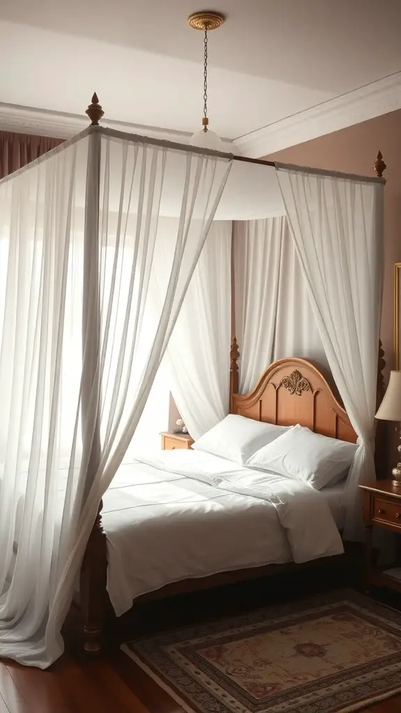 25+ Stylish Bedframe Ideas for Small Rooms 6 A cozy canopy bed with sheer drapes in a small room, featuring wooden accents and soft lighting.