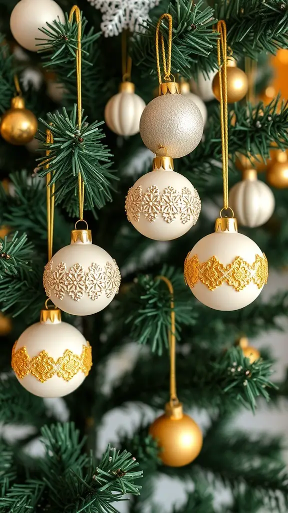 Cream and gold Christmas ornaments hanging on a tree